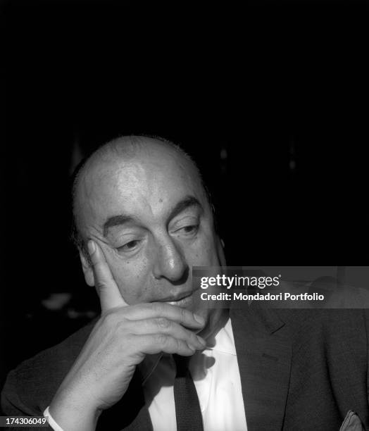 Close-up of a smiling Pablo Neruda, whose real name is Ricardo Eliezer NeftalÌ Reyes Basoalto during a reading of his poems by the Italian drama...