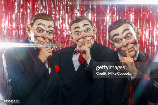 Cosplayers dressed as Dummy characters from Goosebumps pose for a photo during New York Comic Con at Javits Center on October 14, 2023 in New York...