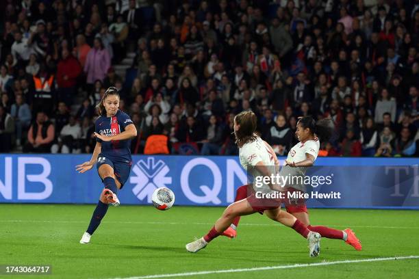 Lieke Martens of Paris Saint-Germain scores the opening goal during the UEFA Women's Champions League Qualifying Round 2 Second Leg match between...