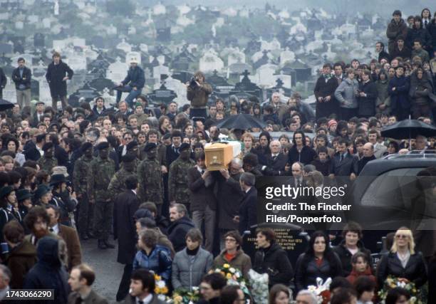 The paramilitary funeral of IRA member Bobby Sands at the Milltown Cemetery in Belfast, England on 7th May, 1981. Bobby Sands died on the 66th day of...