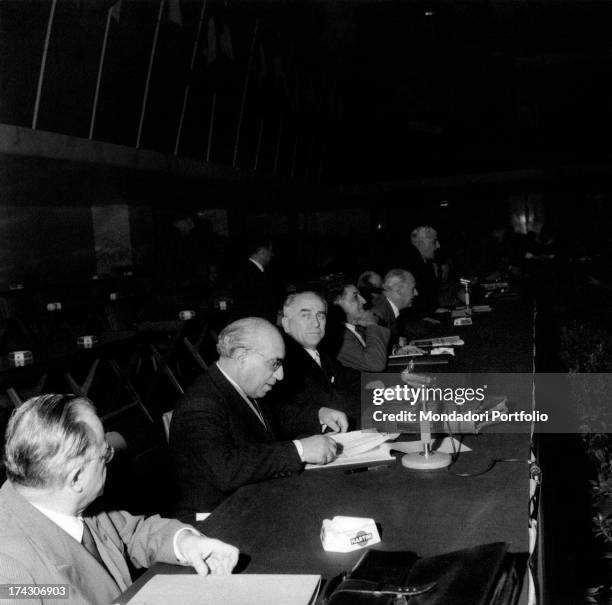 Italian politician and antifascist Luigi Longo, known as Gallo, attending the 8th congress of Italian Communist Party with other politicians...