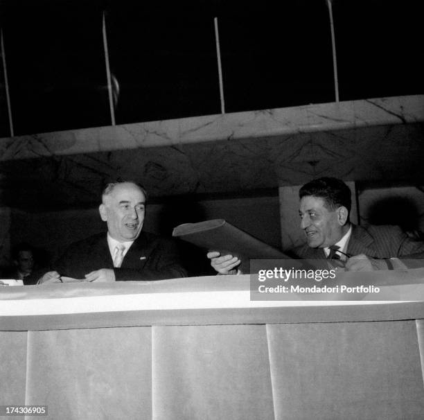 Italian politician and antifascist Luigi Longo, known as Gallo, attending the 8th congress of Italian Communist Party with Italian trade unionist and...