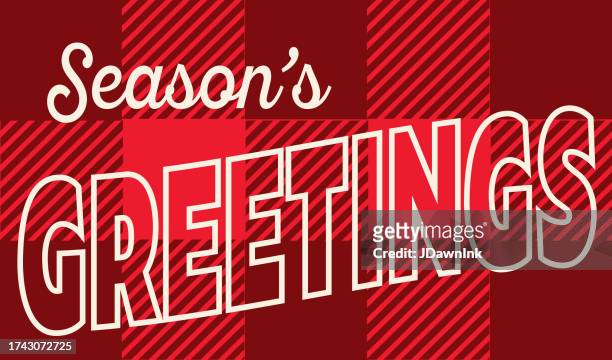 season's greetings on red plaid christmas and holiday greeting card flat design template - seasons greeting stock illustrations