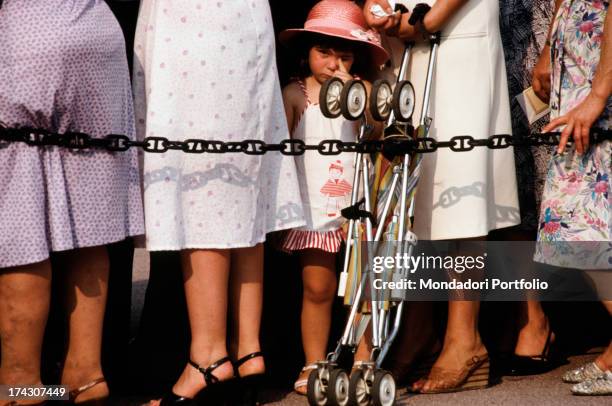 Multicoloured funeral wreaths at the entrance of the Cathedral in the occasion of the funeral of Princess Grace of Monaco: roses, pinks, violets and...