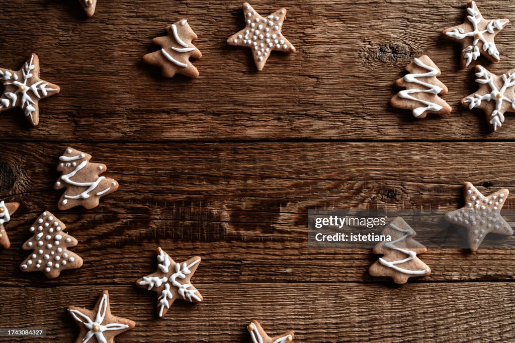 Christmas gingerbread cookies, winter holidays background