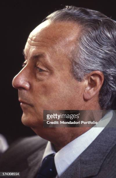 Portrait of Italian writer Giorgio Bassani during a congress of PEN Club in Venice. Near him there is the writer Mary McCarthy. Venice, Italy, 1983.