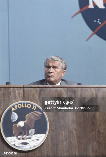 Portrait of the german scientist and engineer Wernher von Braun during a press conference at the headquarters of NASA, in the occasion of Apollo11's...