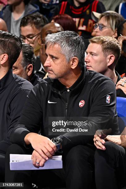 Head coach Igor Kokoskov of the Atlanta Hawks looks on during the game against the Philadelphia 76ers on October 20, 2023 at the Wells Fargo Center...