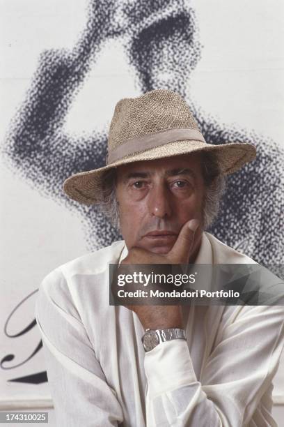 Portrait of the famous italian designer and advertising Armando Testa at his home in Turin. Turin, Italy, 1985.