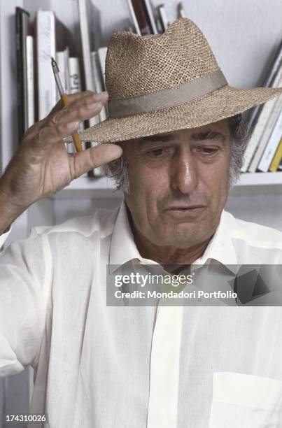 Portrait of the famous italian designer and advertising Armando Testa at his home in Turin. Behind him one of his posters. Turin, Italy, 1985.