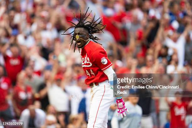 Elly De La Cruz of the Cincinnati Reds celebrates a run during a game against the Toronto Blue Jays at Great American Ball Park on August 19, 2023 in...