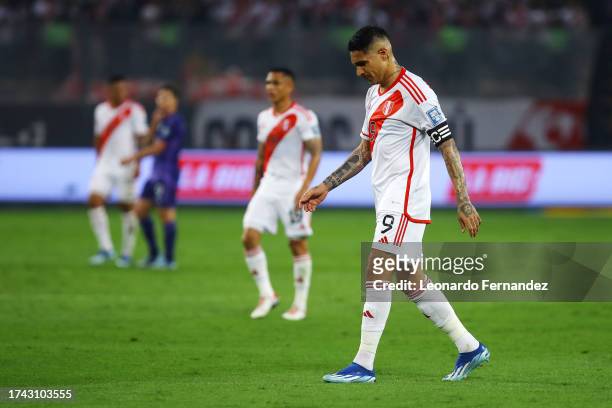Paolo Guerrero of Peru reacts during a FIFA World Cup 2026 Qualifier match between Peru and Argentina at Estadio Nacional de Lima on October 17, 2023...
