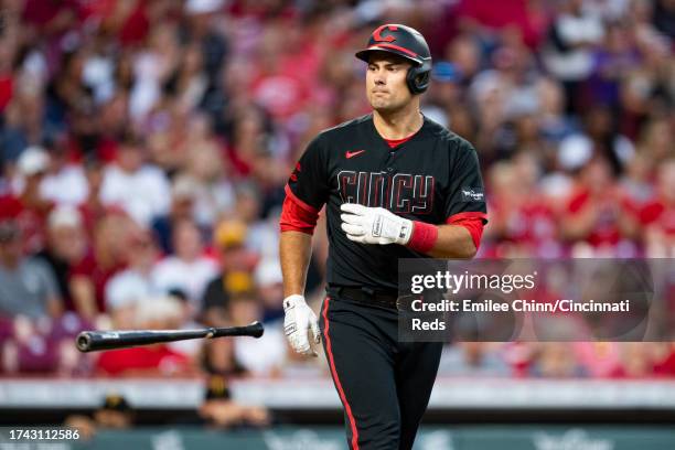 Luke Maile of the Cincinnati Reds tosses his bat during a game against the Pittsburgh Pirates at Great American Ball Park on September 22, 2023 in...