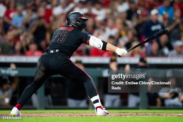 Joey Votto of the Cincinnati Reds bats during a game against the Pittsburgh Pirates at Great American Ball Park on September 22, 2023 in Cincinnati,...