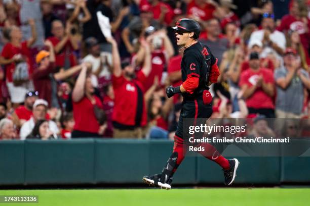 Friedl of the Cincinnati Reds rounds the bases after hitting a home run during a game against the Pittsburgh Pirates at Great American Ball Park on...