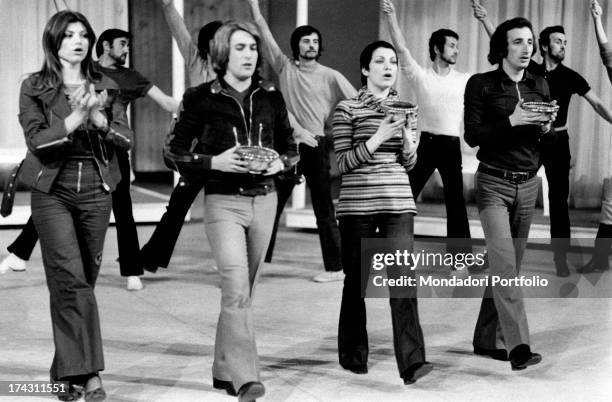 Italian singers Marina Occhiena, Angela Brambati, Angelo Sotgiu and Franco Gatti performing in the Tv show Mai di sabato signora Lisistrata. They...