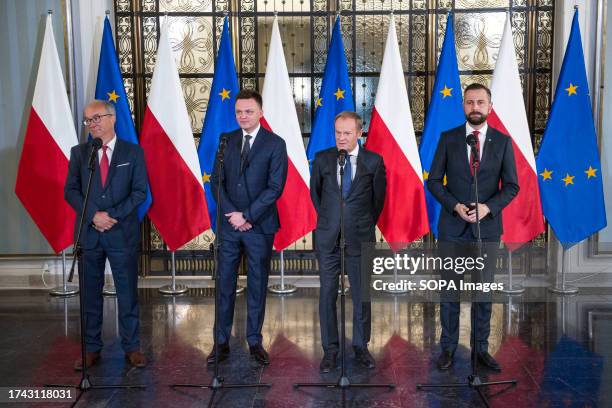 Opposition party leaders, from left, Wlodzimierz Czarzasty, Szymon Holownia, Donald Tusk and Wladyslaw Kosiniak-Kamysz announce to the media that...