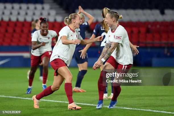 Lisa Naalsund of Manchester United celebrates scoring with Leah Galton during the UEFA Women's Champions League Qualifying Round 2 Second Leg match...