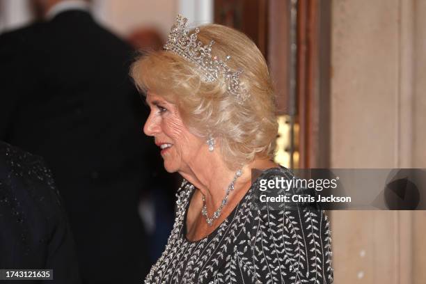 Queen Camilla arrives at a reception and dinner in honour of their Coronation on October 18, 2023 at Mansion House in London, England. The King...
