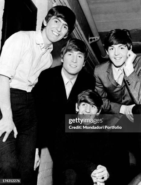 Portrait of English band The Beatles, the singers and musicians John Lennon, Paul McCartney, George Harrison and Ringo Starr . 1960s.