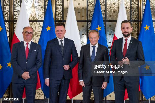 Opposition party leaders, from left, Wlodzimierz Czarzasty, Szymon Holownia, Donald Tusk and Wladyslaw Kosiniak-Kamysz announce to the media that...