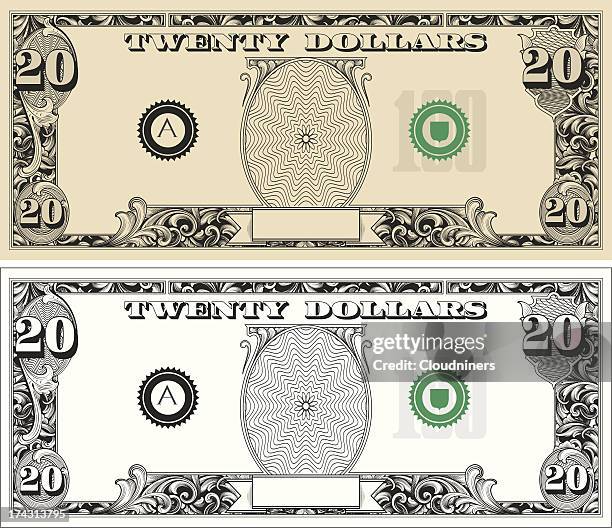 illustrazioni stock, clip art, cartoni animati e icone di tendenza di venti 20 dollar bill con il testo - banconota da 20 dollari statunitensi