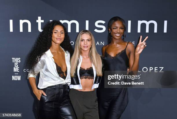 Vick Hope, Louisa Johnson and Leomie Anderson attend the Intimissimi x Jennifer Lopez 'This Is Me … Now' collection launch on October 18, 2023 in...