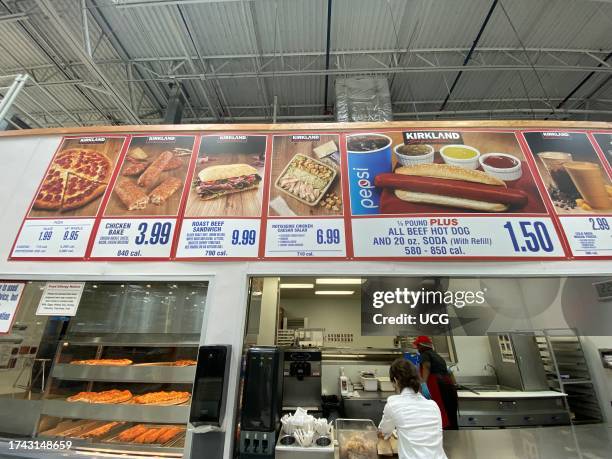 Costco store food court menu and pick up area, Florida.