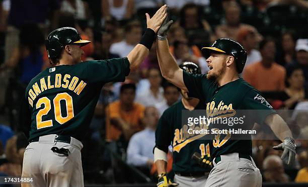 Brandon Moss and Josh Donaldson of the Oakland Athletics celebrate after Moss hit a two-run home run in the eighth inning against the Houston Astros...