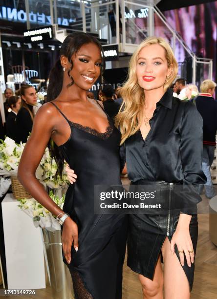 Leomie Anderson and Laura Whitmore attend the Intimissimi x Jennifer Lopez 'This Is Me … Now' collection launch on October 18, 2023 in London,...