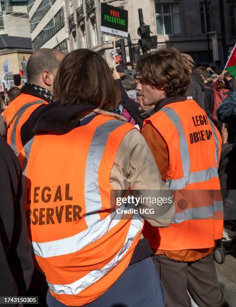 Three legal observers working as volunteers at a Pro-Palestinian demonstration in London, UK.