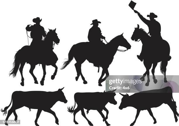 illustrazioni stock, clip art, cartoni animati e icone di tendenza di immagine multipla di rodeo - cowboy sillouette