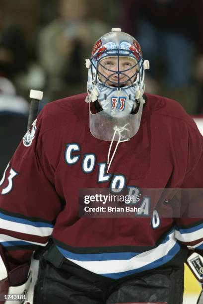 Goalie Patrick Roy of the Colorado Avalanche warms up before a game against the Calgary Flames January 7 at the Pepsi Center in Denver, Colorado. The...