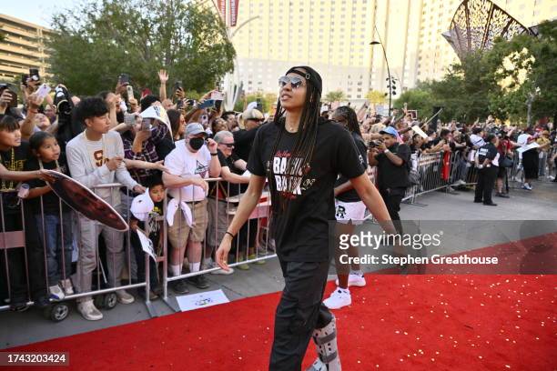 Kiah Stokes of the Las Vegas Aces celebrates during the 2023 WNBA championship victory parade and rally on the Las Vegas Strip on October 23, 2023 in...