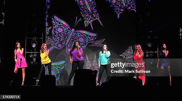Singers Aubrey Cleland, Angie Miller, Candice Glover, Kree Harrison, Amber Holcomb and Janelle Arthur perform during American Idols Live! Tour 2013...