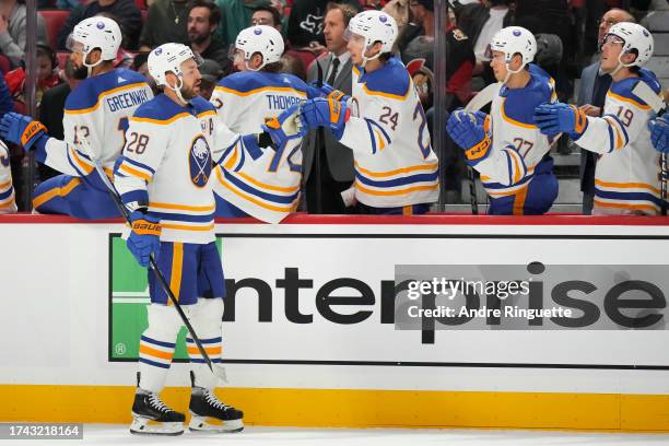 Zemgus Girgensons of the Buffalo Sabres celebrates his first period goal against the Ottawa Senators at Canadian Tire Centre on October 24, 2023 in...