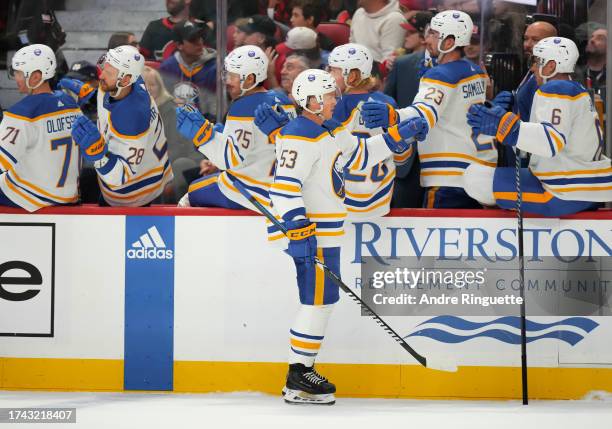 Jeff Skinner of the Buffalo Sabres celebrates his first period goal against the Ottawa Senators at Canadian Tire Centre on October 24, 2023 in...