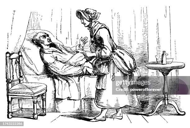 catherine "kitty" wilkinson (heilige der slums) kümmert sich um einen mann mit cholera in liverpool, england - 19. jahrhundert - cholera erkrankung stock-grafiken, -clipart, -cartoons und -symbole
