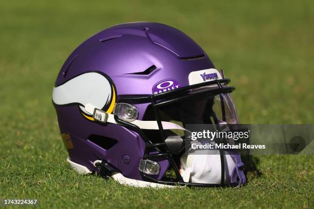 Detail of a Minnesota Vikings helmet prior to the game against the Chicago Bears at Soldier Field on October 15, 2023 in Chicago, Illinois.