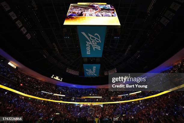 An overall view of the arena before the game between the Los Angeles Lakers and the Denver Nuggets on October 24, 2023 at the Ball Arena in Denver,...