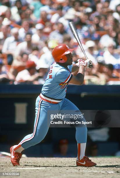 Terry Pendleton of the St. Louis Cardinals bats against the New York Mets during an Major League Baseball game circa 1984 at Shea Stadium in the...