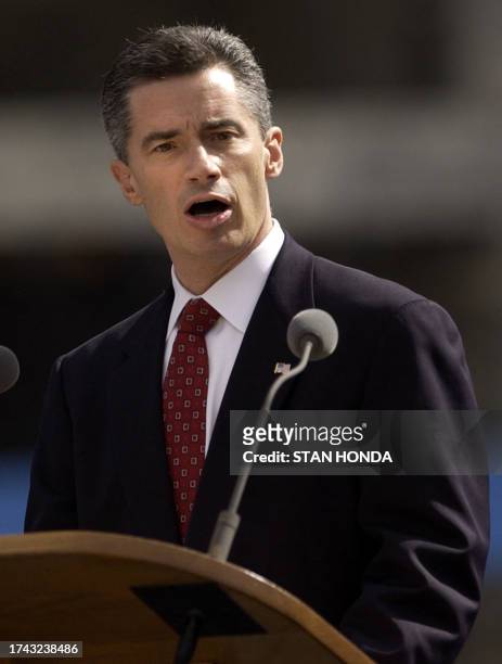 New Jersey Governor James McGreevey addresses the World Trade Center Memorial Ceremony at 10:59 am EDT on 11 September 2004 in New York, the time of...