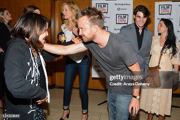 Mae Whitman and Aaron Paul at the Film Independent at LACMA presents live read of "Breaking Bad" directed by Jason Reitman at Bing Theatre At LACMA...