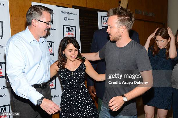 Vince Gilligan, Mae Whitman and Aaron Paul at the Film Independent at LACMA presents live read of "Breaking Bad" directed by Jason Reitman at Bing...