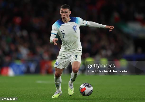 Phil Foden of England in action during the UEFA EURO 2024 European qualifier match between England and Italy at Wembley Stadium on October 17, 2023...