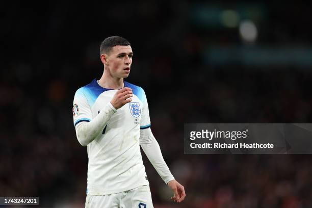 Phil Foden of England in action during the UEFA EURO 2024 European qualifier match between England and Italy at Wembley Stadium on October 17, 2023...