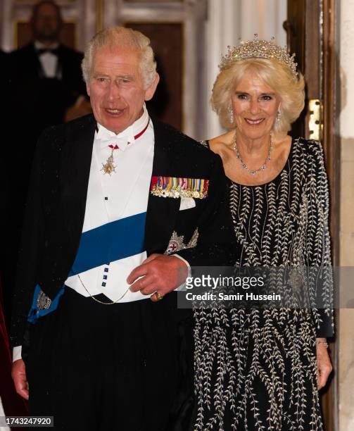 King Charles III and Queen Camilla attend a reception and dinner in honour of their Coronation at Mansion House on October 18, 2023 in London,...