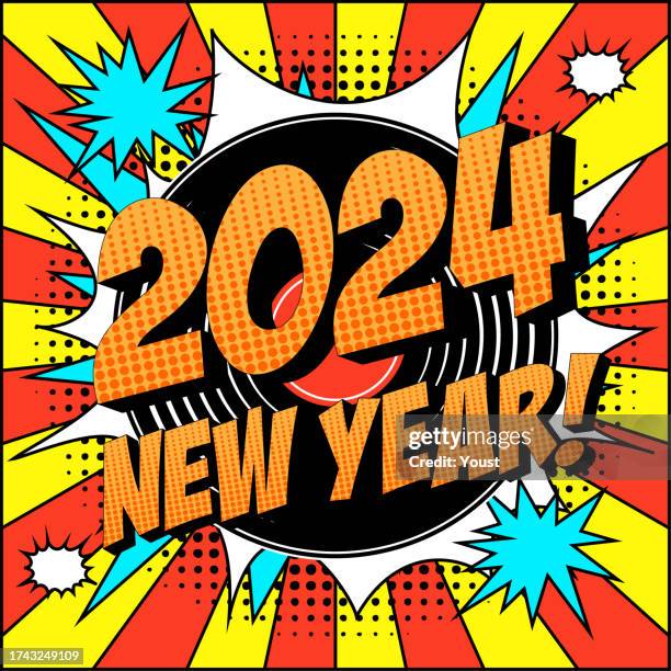 new year 2024 comic text on explosion speech bubble in pop art style. - amazing light stock illustrations