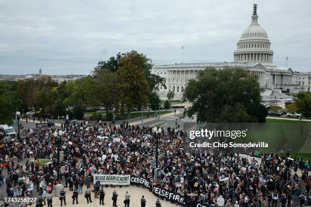 Demonstrators rally outside the U.S. Capitol demanding a cease fire in Gaza on October 18, 2023 in Washington, DC. Activists with Jewish Voice for...