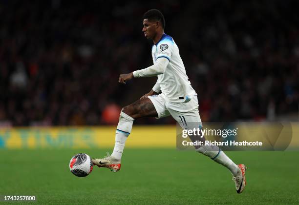 Marcus Rashford of England in action during the UEFA EURO 2024 European qualifier match between England and Italy at Wembley Stadium on October 17,...